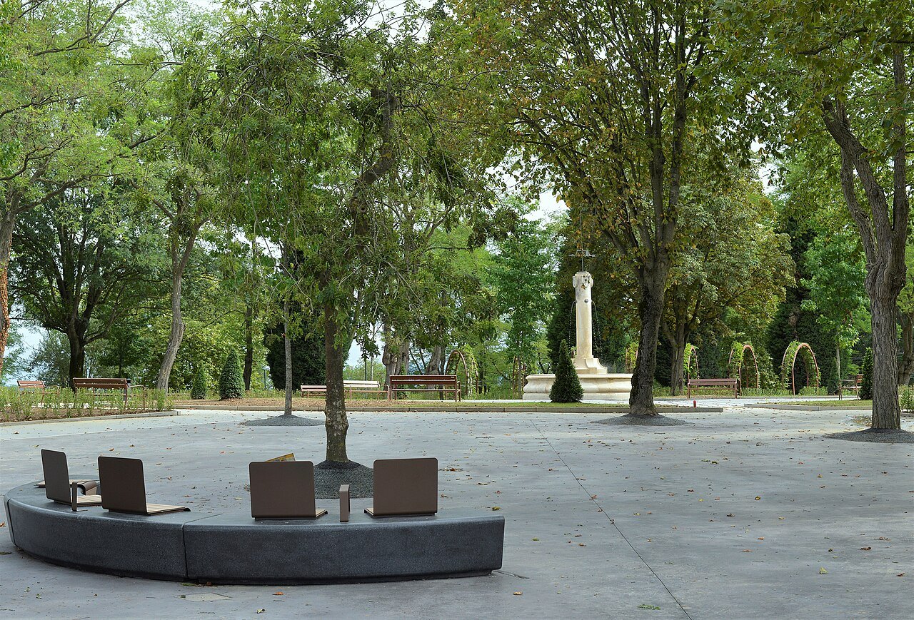 Benches under the trees of the park at the top of the funicular