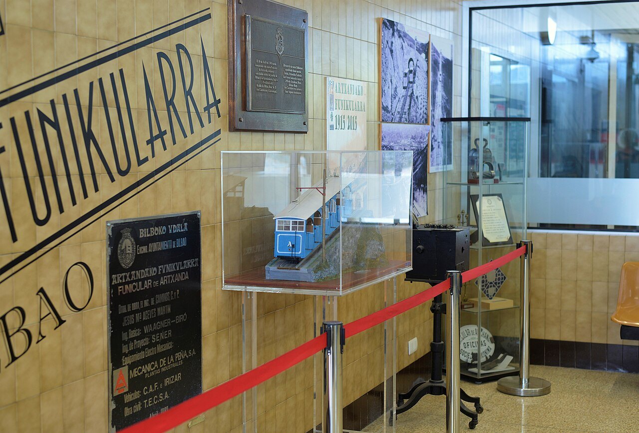 A model of an early funicular car in the display case at the Artxanda station