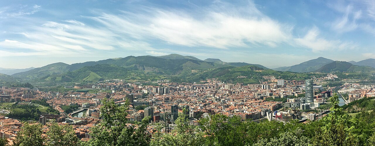 Bilbao filling the valley below green hills, seen from high above the city
