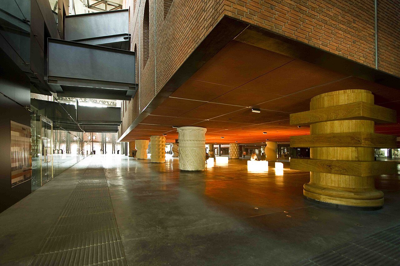 The atrium of Azkuna Zentroa, its forest of columns each in a different style