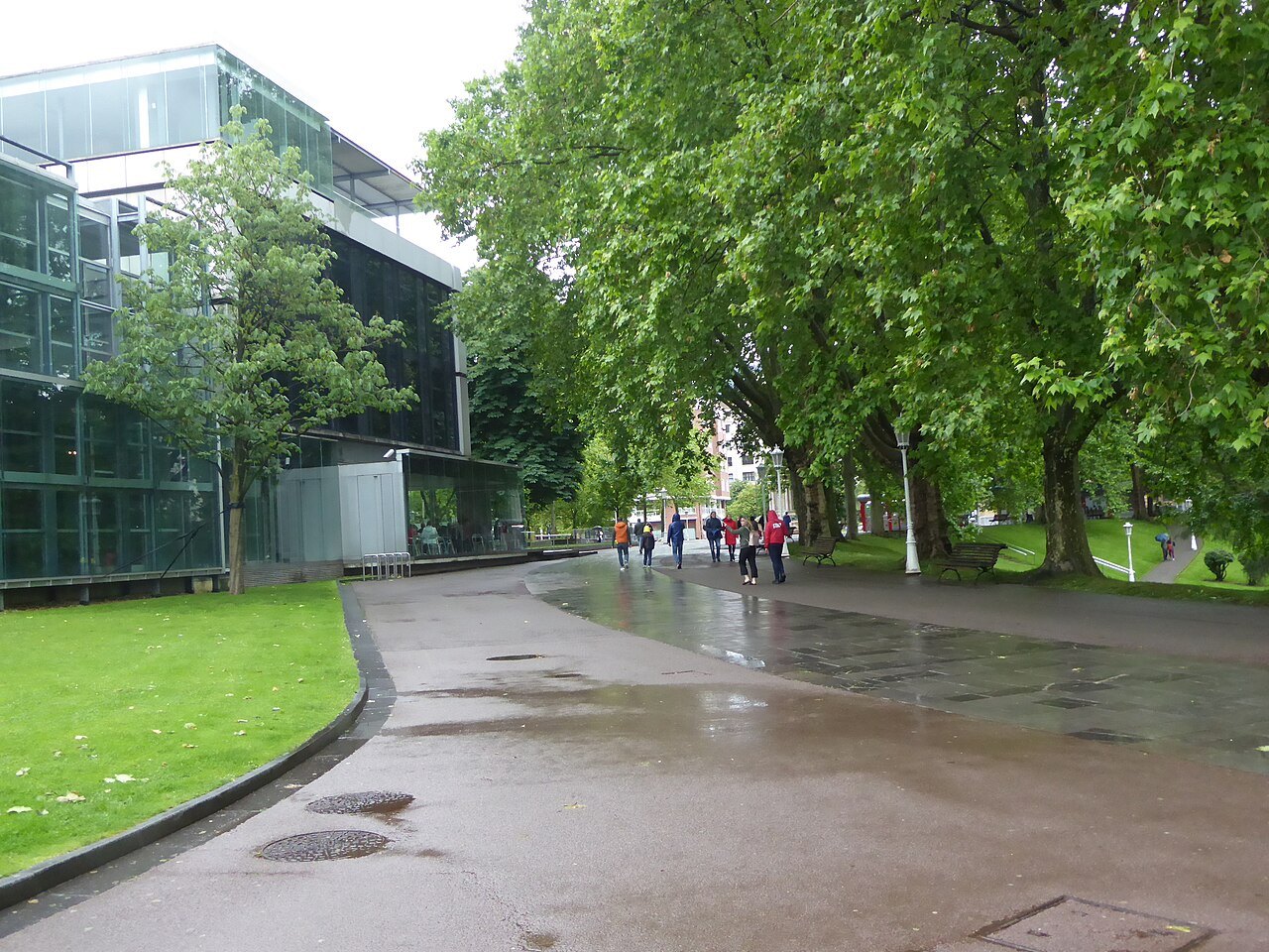 The tree-lined avenue running past the glass wing of the Fine Arts Museum after rain