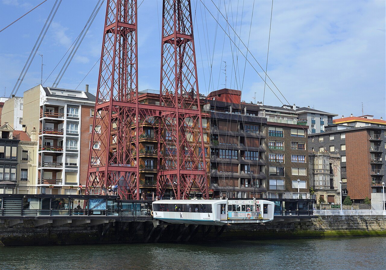 The towers of the Bizkaia Bridge on the Las Arenas bank, the gondola at its landing