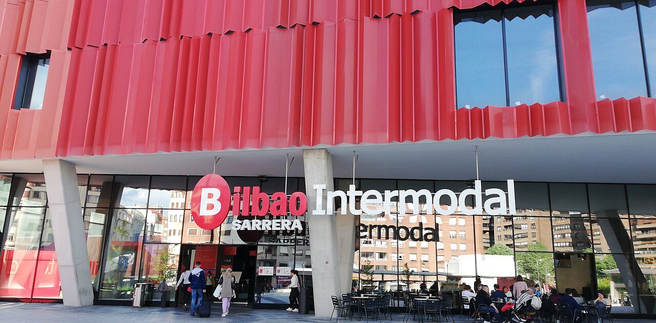 The red-clad entrance of the Bilbao Intermodal bus station