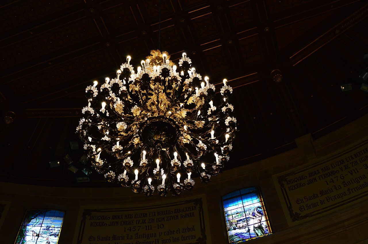 The great chandelier under the painted ceiling of the Assembly House at Gernika