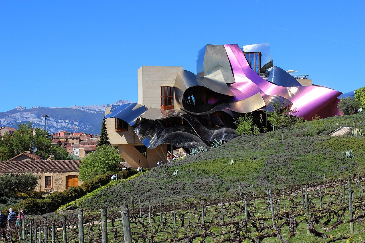 Frank Gehry's Marqués de Riscal hotel among the vines at Elciego