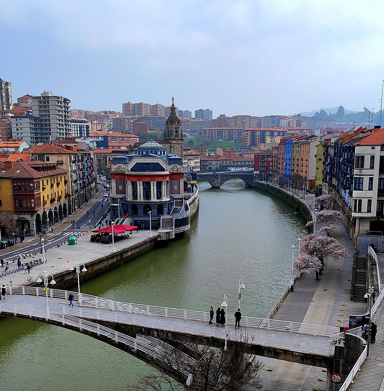 The Ribera market and the river seen from a library window above Bilbao La Vieja