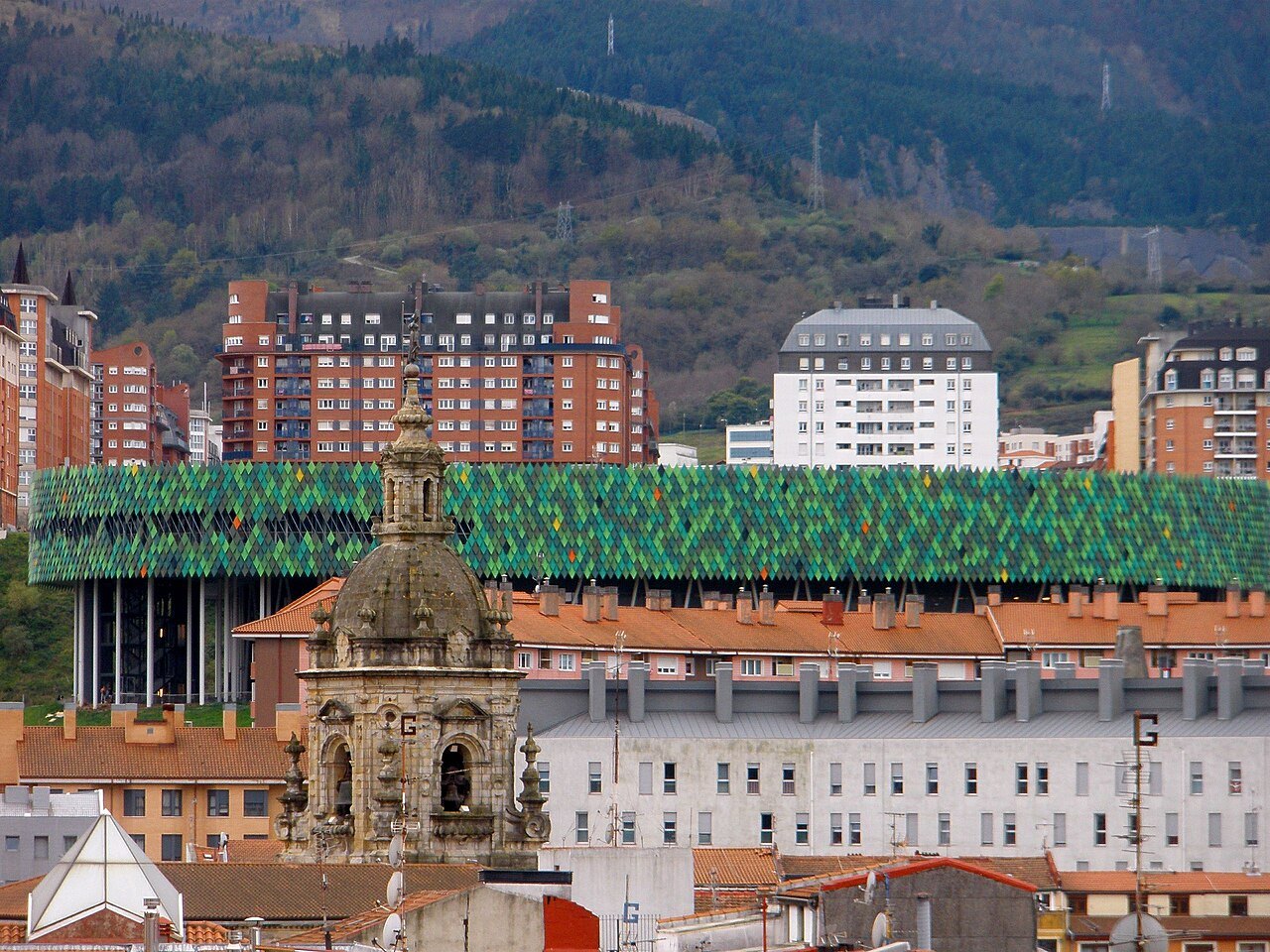 Rooftops of the old town and the green-tiled market roof below the hills