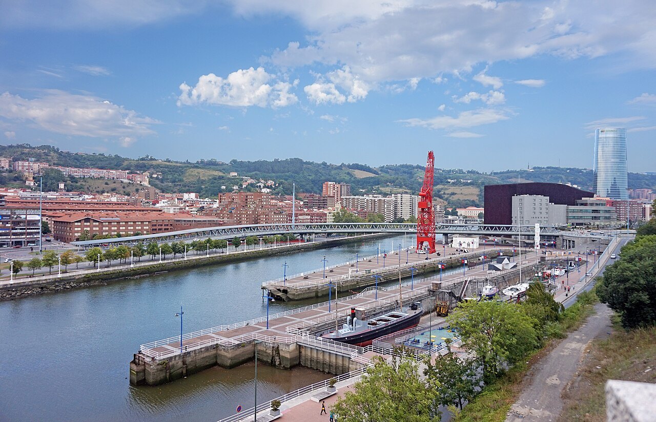 The old dry docks along the river, the red Carola crane and the Euskalduna beyond