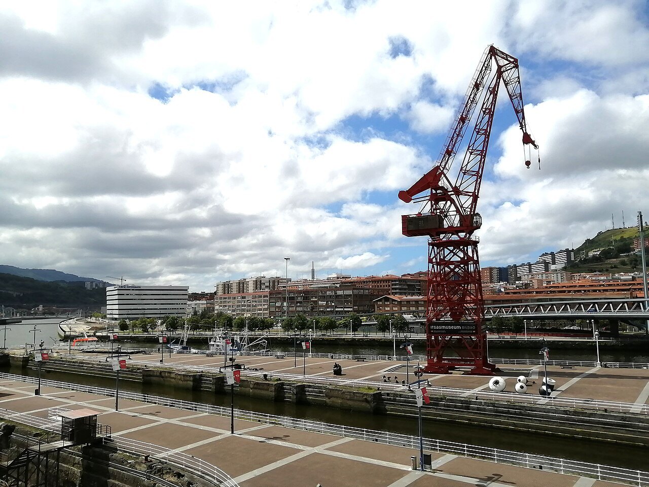 The Carola crane over the old dry docks, its jib raised