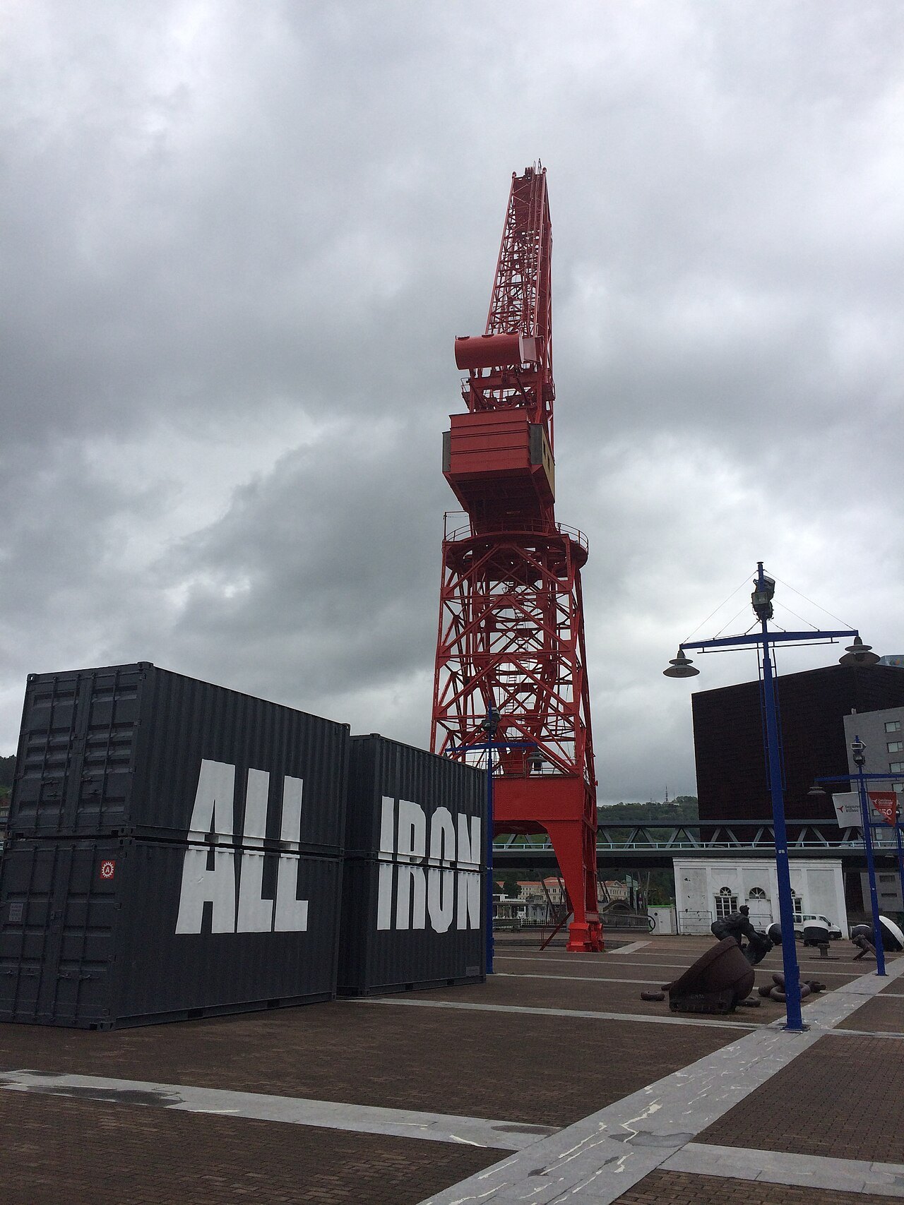 The Carola crane on the quay beside dark containers lettered All Iron