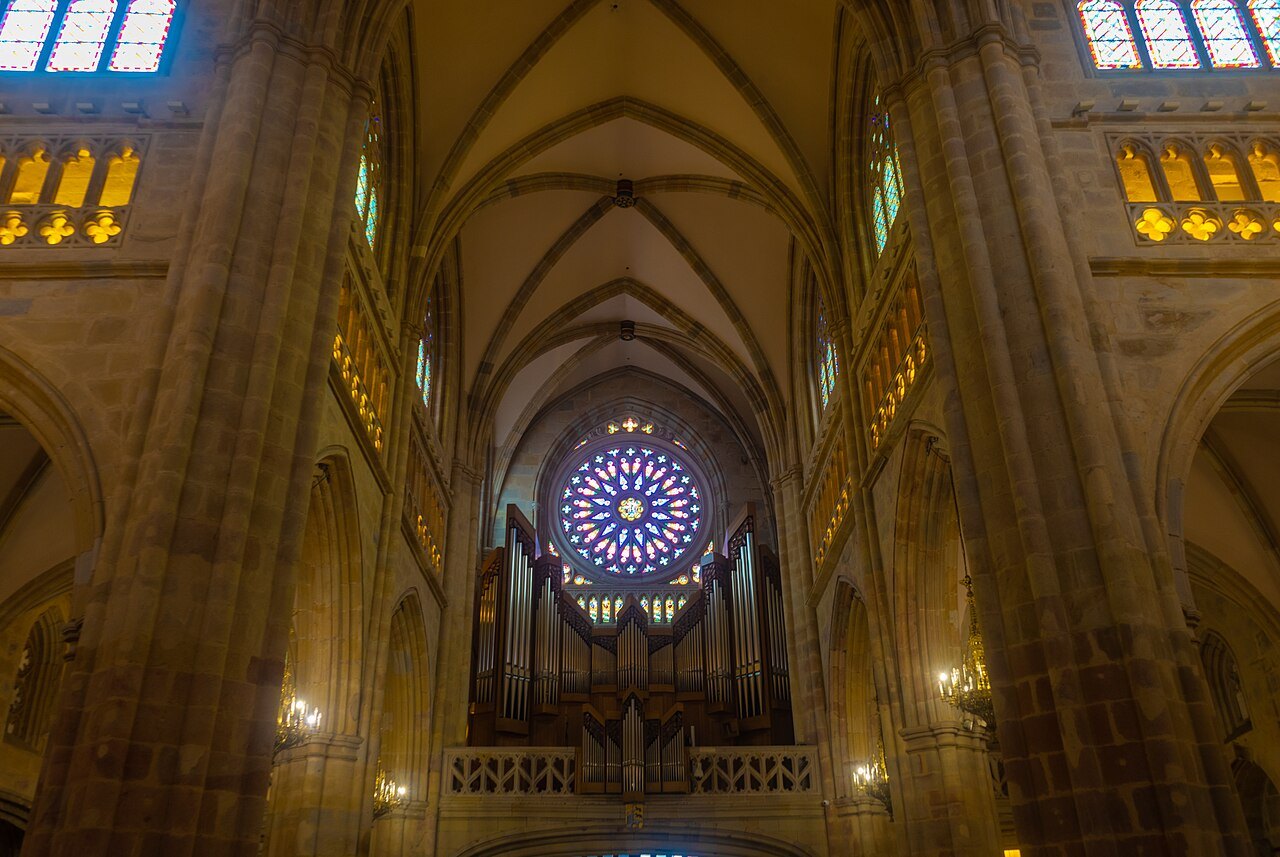 The rose window and organ at the end of the cathedral's nave