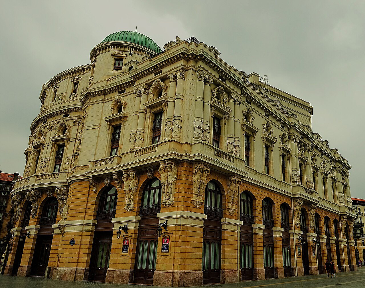 The Teatro Arriaga's ornate corner and green domes