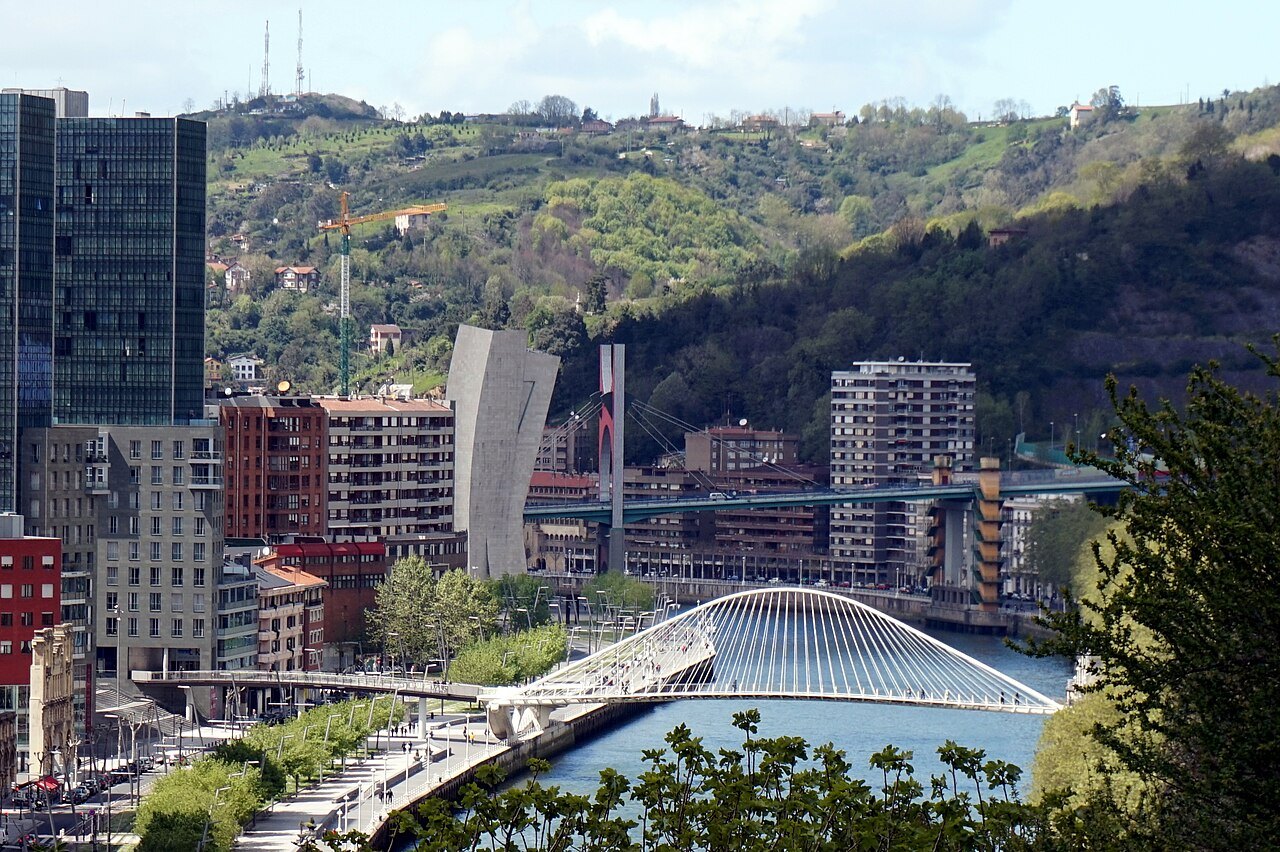 Zubizuri and the Isozaki towers from the park above Bilbao La Vieja